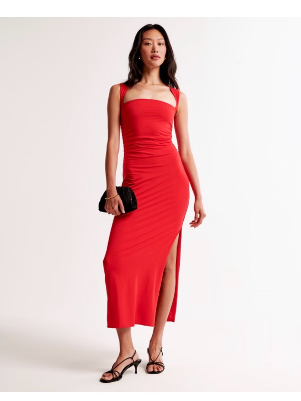 Abercrombie & Fitch Red Square-Neck Midi Dress with Side Slit